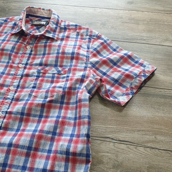 Dukes Bark Men L Plaid Short Sleeve Button Up Shirt Seersucker Casual Patriotic - Picture 2 of 8